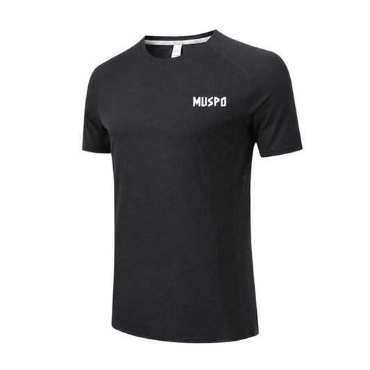 A black short-sleeve athletic t-shirt with 'MUSPO' printed in white on the left chest, displayed on a clean white background.